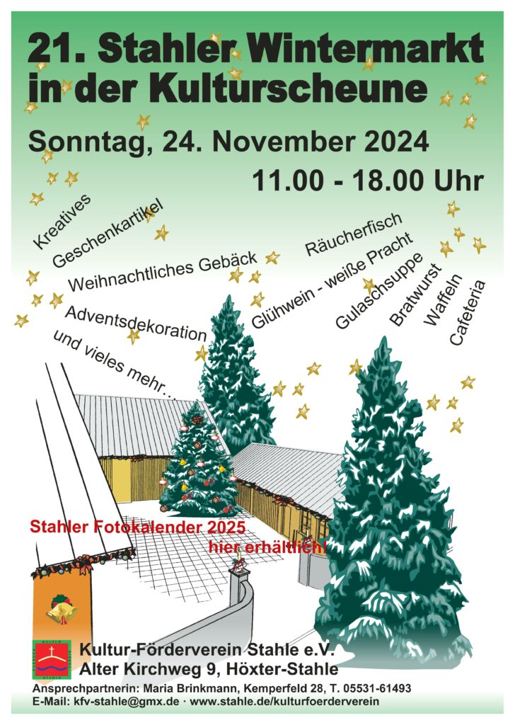 Plakat für den Wintermarkt in der Kulturscheune Stahle. Mit Sternen, Schnee und Tannen dekorierter Scheunenhof.